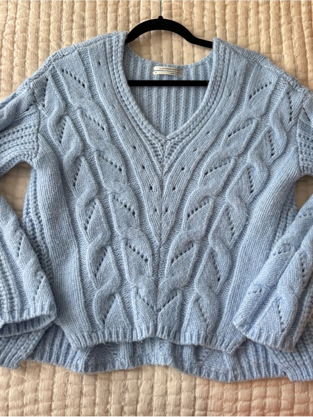 Anthropologie Light Blue Cable-Knit V-Neck Sweater